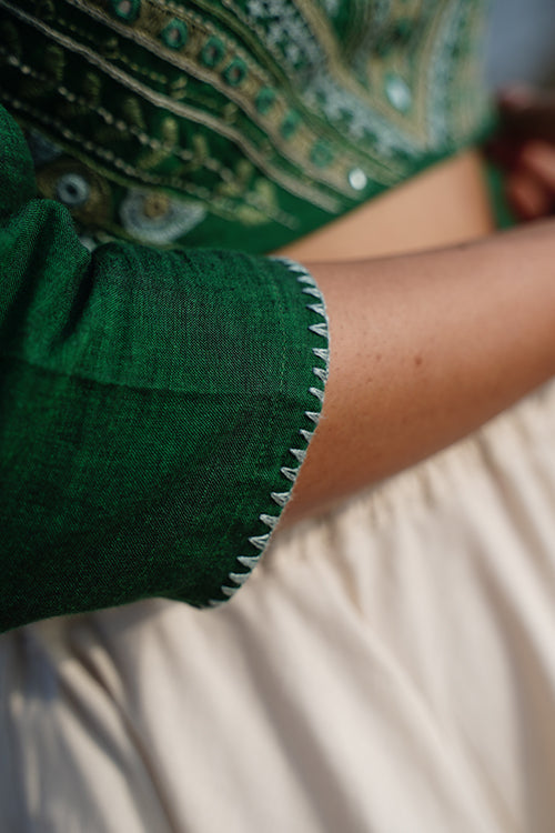 Okhai "Lush Canopy" Hand-Embroidery and Mirrorwork Pure Cotton Green Blouse