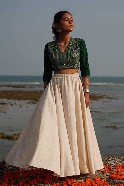 Okhai "Lush Canopy" Hand-Embroidery and Mirrorwork Pure Cotton Green Blouse
