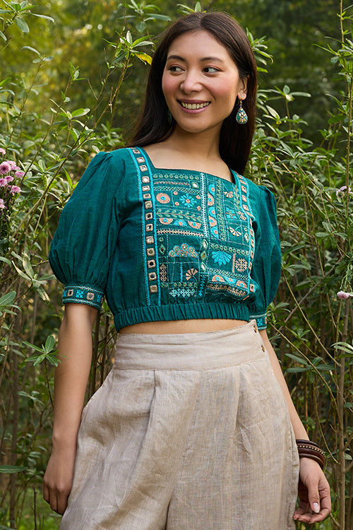 Okhai "Eden" Hand-Embroidery and Mirrorwork Pure Cotton Green Blouse