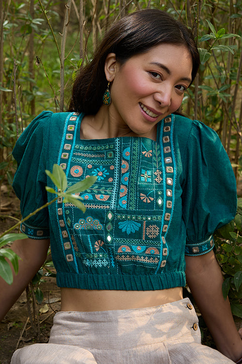 Okhai "Eden" Hand-Embroidery and Mirrorwork Pure Cotton Green Blouse