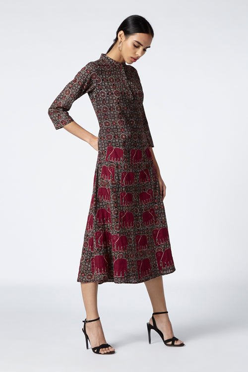 Royal Hand Block Printed Ajrakh Cotton Mandarin Collar Dress For Women Online