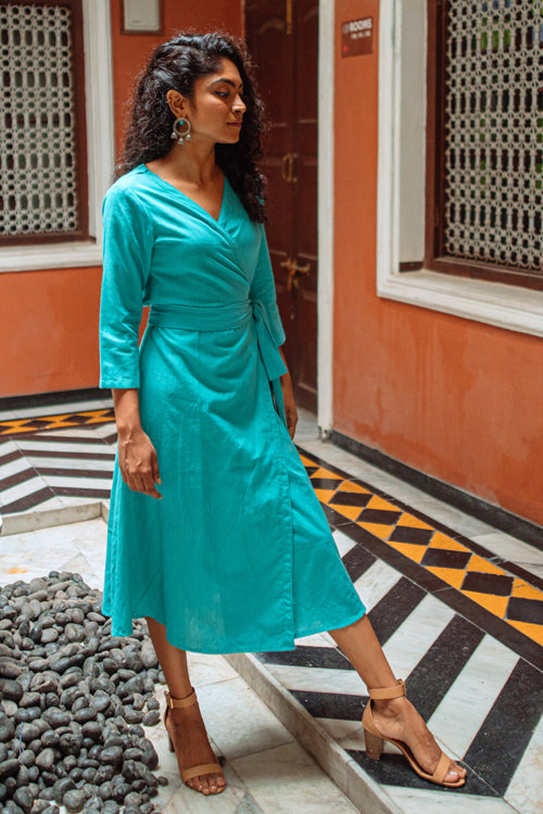 Okhai 'Aquaflora' Pure Cotton Handloom Wrap Dress | Rescue