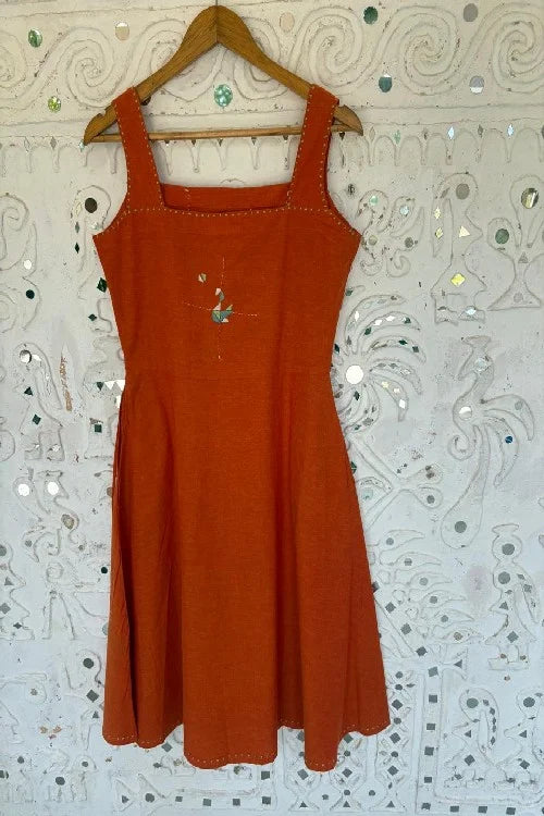 Okhai 'Hummingbird' Cotton Handloom Hand Embroidered Sleeveless Dress | Rescue