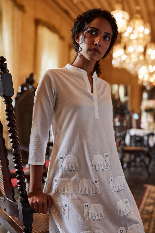 Okhai 'Ivory Tusk' Hand Embroidered Mirror and Applique Work Pure Cotton Kurta