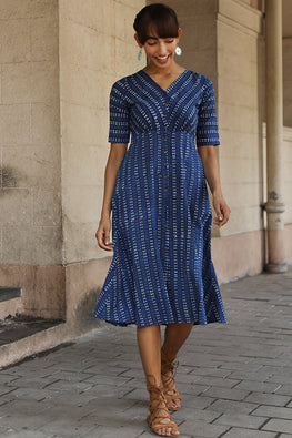 Okhai Blue Mist Pure Cotton Indigo Dress For Women Online