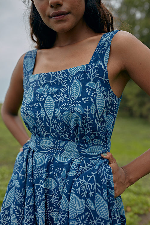 Okhai 'Meadow Magic' Pure Cotton Indigo Sleeveless Dress | Rescue