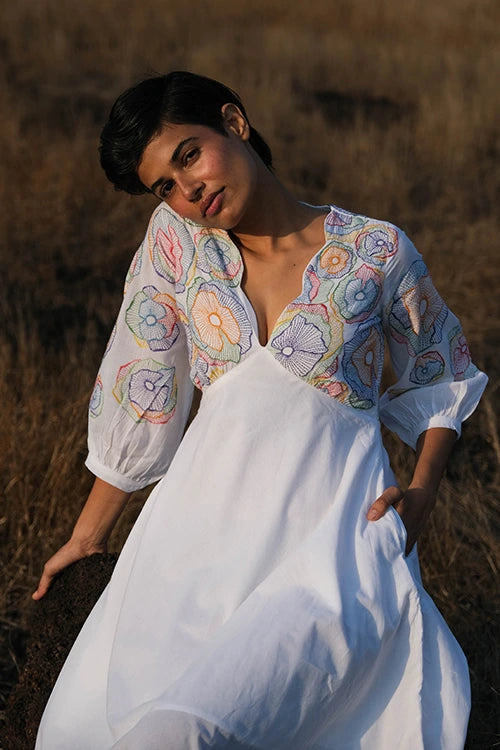 Buy Okhai Maria Hand Embroidered Mirror Work White Pure Cotton Dress Online  – Okhaistore