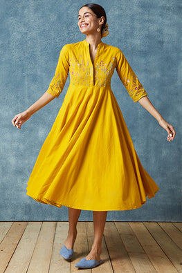 Okhai 'Golden Sand' Hand Embroidered Pure Cotton Dress | Relove