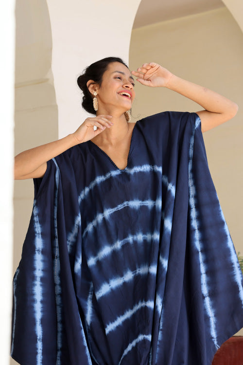 Stipple Embroidered Indigo Hand Block Printed Dress For Women