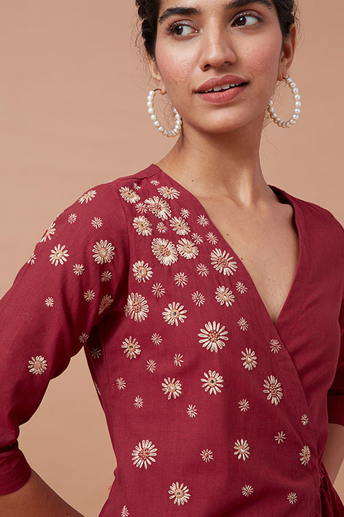 Okhai 'Glittered Sky' Pure Cotton Hand Embroidered Mirror Work Wrap Dress| Rescue