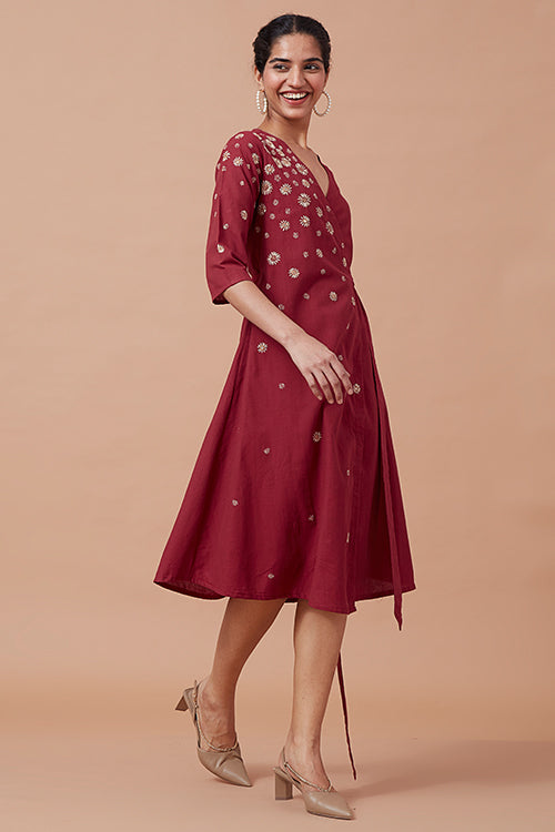 Okhai 'Glittered Sky' Pure Cotton Hand Embroidered Mirror Work Wrap Dress| Rescue