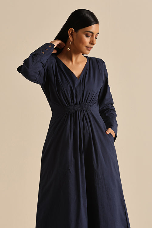 Okhai Composed Navy Blue V Neck Pure Cotton Dress For Women Online