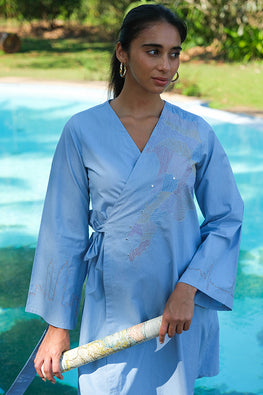 Wayfarer Sky Blue Hand Embroidered Cotton Wrap Dress For Women Online