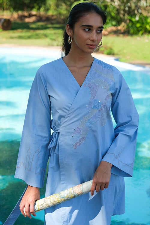 Wayfarer Sky Blue Hand Embroidered Cotton Wrap Dress For Women Online