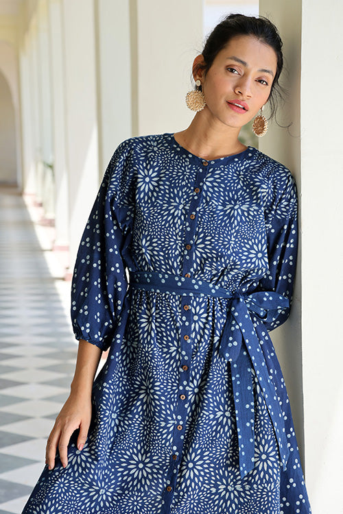 Bohemian Pure Cotton Indigo Hand Block Printed Dress For Women Online