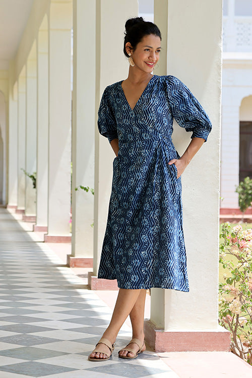Meanderer Hand Block Printed Pure Cotton Wrap Dress For Women Online