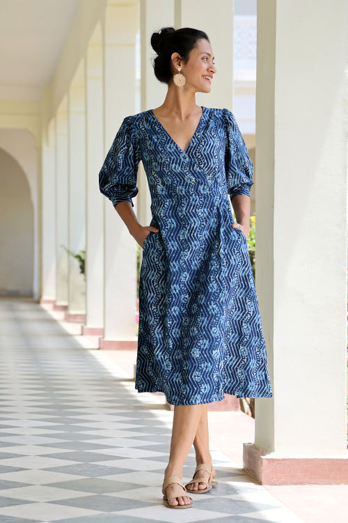 Meanderer Hand Block Printed Pure Cotton Wrap Dress For Women