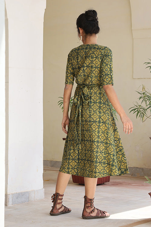 Okhai 'Labyrinth' Pure Cotton Ajrakh mirrorwork Wrap dress