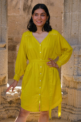 Okhai Golden Amaltas Mirror Work Pure Cotton Mul Dress For Women Online
