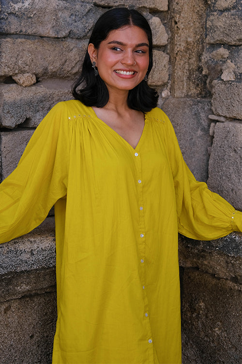 Okhai Golden Amaltas Mirror Work Pure Cotton Mul Dress For Women Online