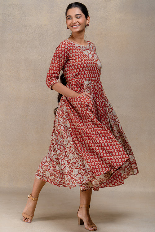 Chestnut Charm Handblock Printed Pure Cotton Flared Dress Online