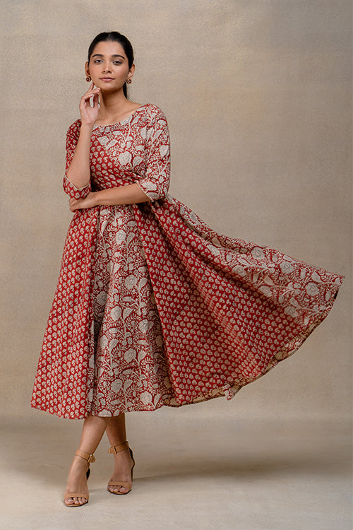 Chestnut Charm Handblock Printed Pure Cotton Flared Dress Online