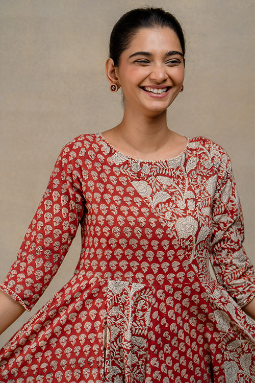 Okhai "Chestnut Charm" Handblock Printed Pure Cotton Flared Dress