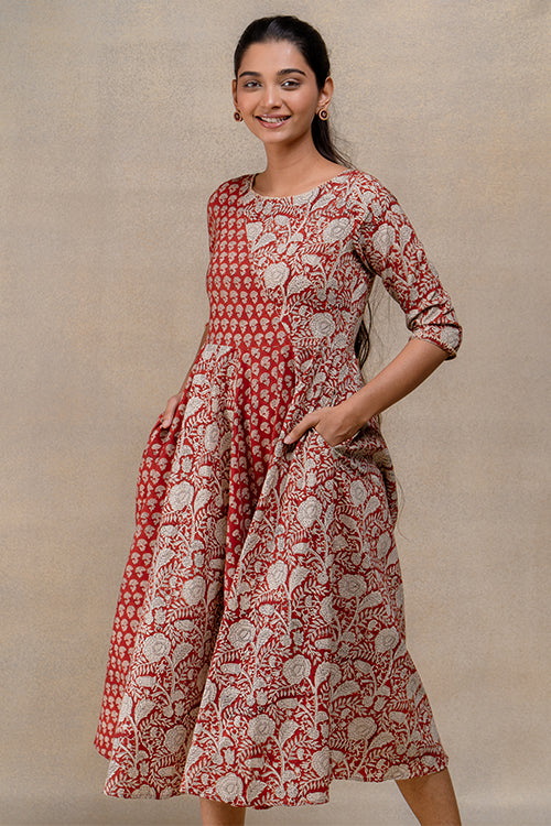 Okhai "Chestnut Charm" Handblock Printed Pure Cotton Flared Dress