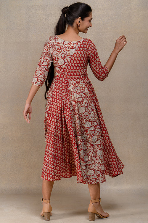 Okhai "Chestnut Charm" Handblock Printed Pure Cotton Flared Dress