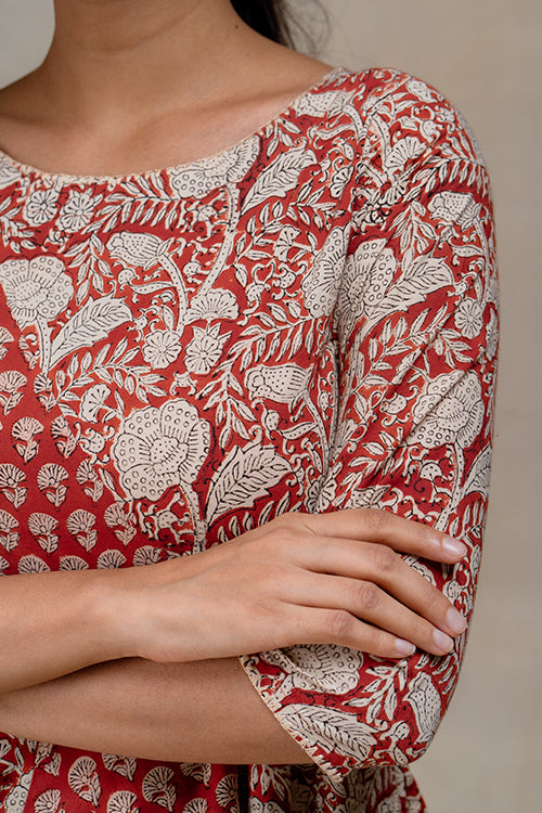 Okhai "Chestnut Charm" Handblock Printed Pure Cotton Flared Dress