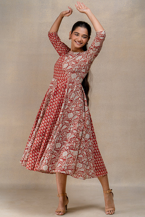 Okhai "Chestnut Charm" Handblock Printed Pure Cotton Flared Dress