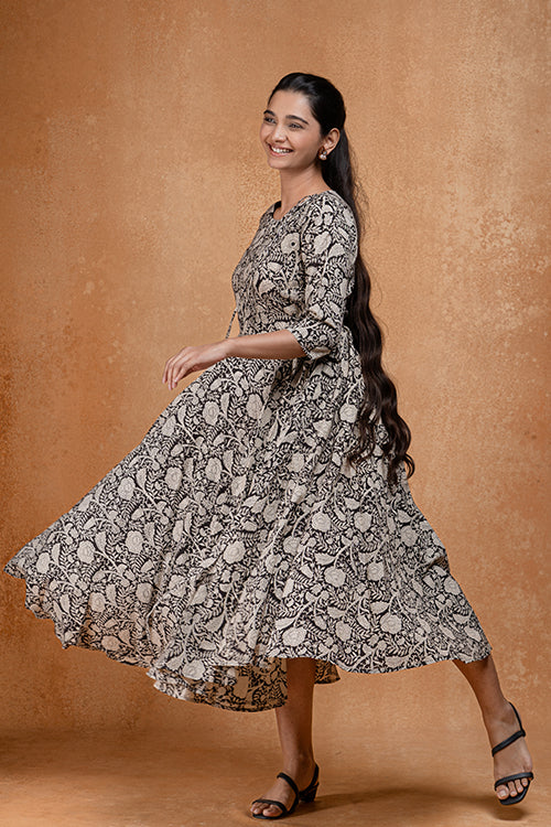 Masquerade Handblock Printed Pure Cotton Fit & Flare Dress For Women