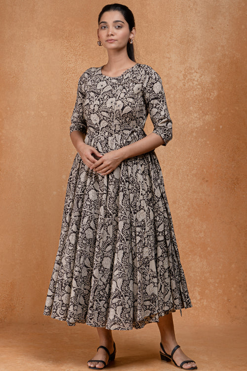 Okhai "Masquerade" Mirrorwork Handblock Printed Pure Cotton Fit and Flare Dress