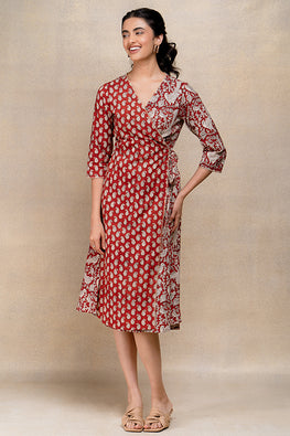 Okhai Soaring Robin Handblock Printed Pure Cotton Wrap Dress For Women