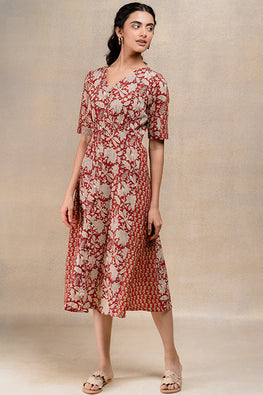 Inspire Red Handblock Printed Pure Cotton Dress For Women Online