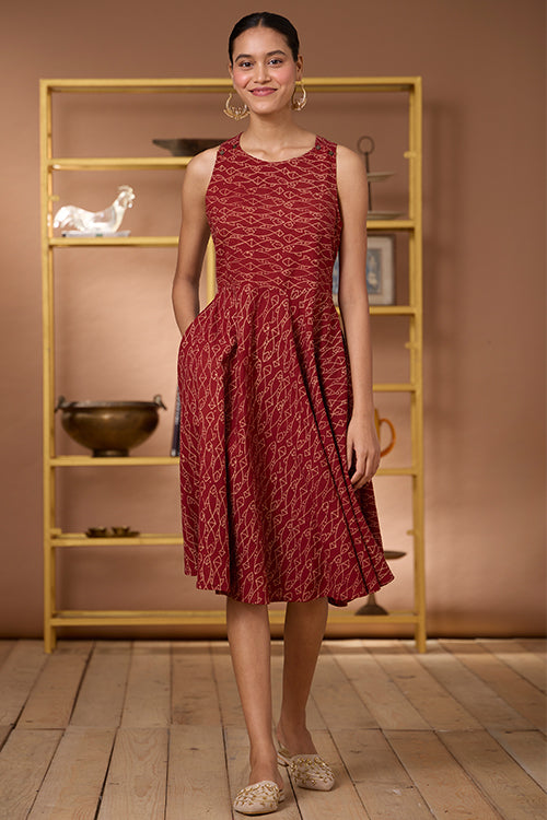 Terravita Handblock Printed Ajrakh Pure Cotton Cross-Back Dress Online