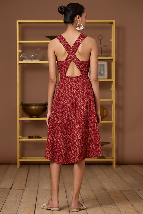 Terravita Handblock Printed Ajrakh Pure Cotton Cross-Back Dress Online