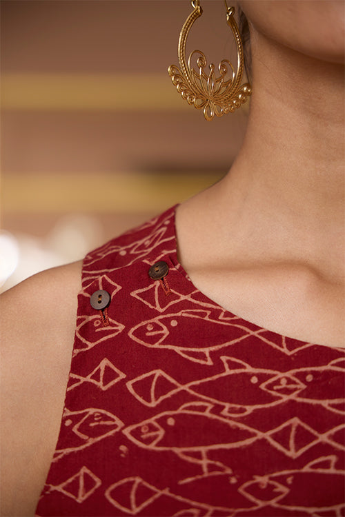 Okhai "Terravita" Handblock Printed Ajrakh Pure Cotton Cross-Back Dress