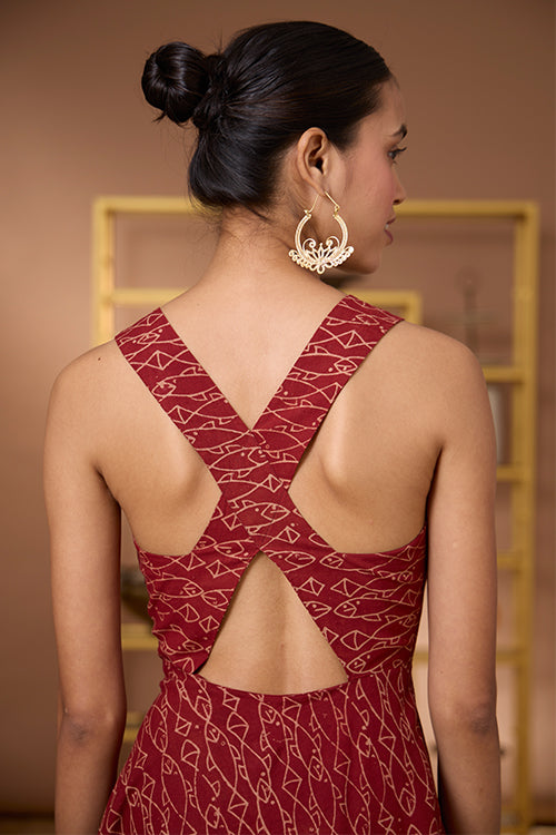 Okhai "Terravita" Handblock Printed Ajrakh Pure Cotton Cross-Back Dress
