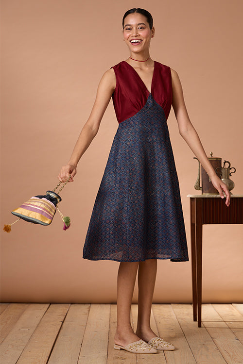 Jaded Maiden Chanderi Silk Ajrakh Handblock Printed Sleeveless Dress