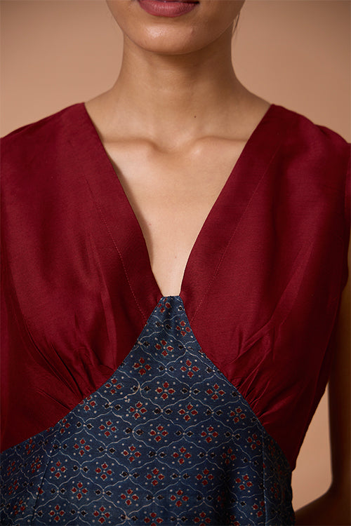Jaded Maiden Chanderi Silk Ajrakh Handblock Printed Sleeveless Dress