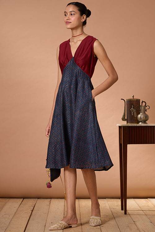 Okhai "Jaded Maiden" Handblock Printed Chanderi Silk Ajrakh Sleeveless Dress