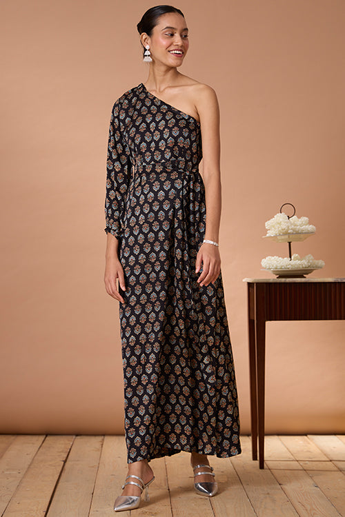 Okhai "Garnet Gypsy" Handblock Printed Modal Ajrakh One-Shoulder Dress