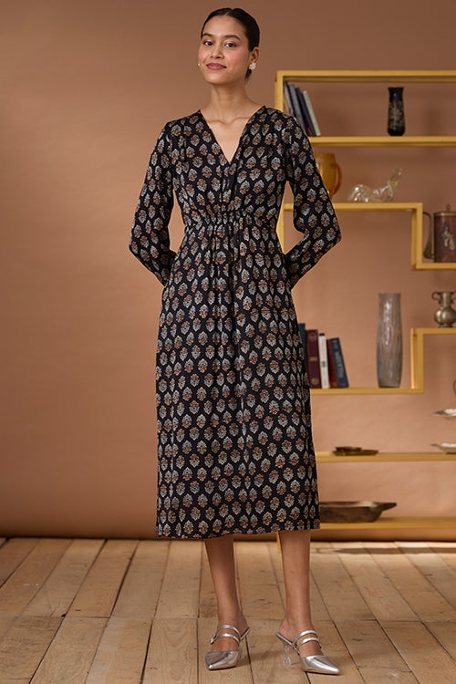 Okhai "Royal Topaz" Handblock Printed Modal Ajrakh V-neckline Dress