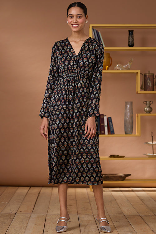 Royal Topaz Printed Chanderi Silk Ajrakh V-neckline Dress Online