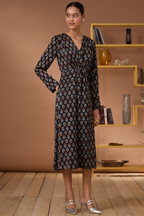 Okhai "Royal Topaz" Handblock Printed Modal Ajrakh V-neckline Dress