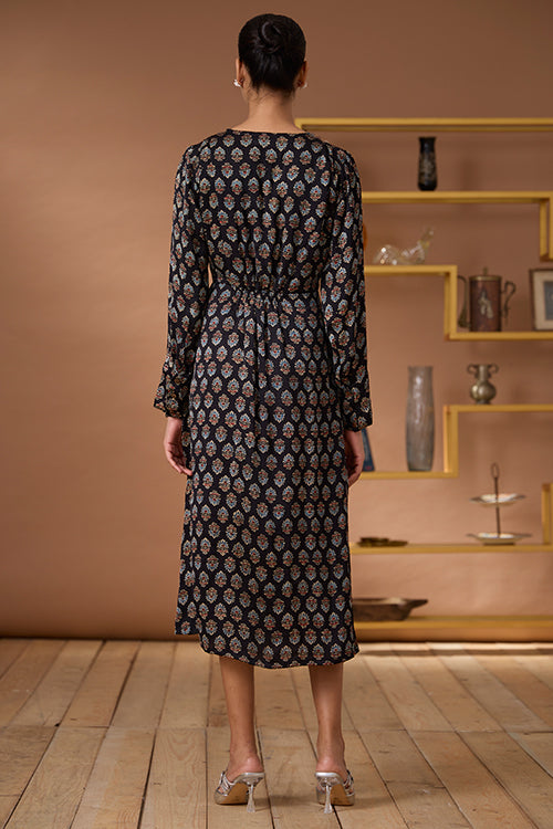 Okhai "Royal Topaz" Handblock Printed Modal Ajrakh V-neckline Dress