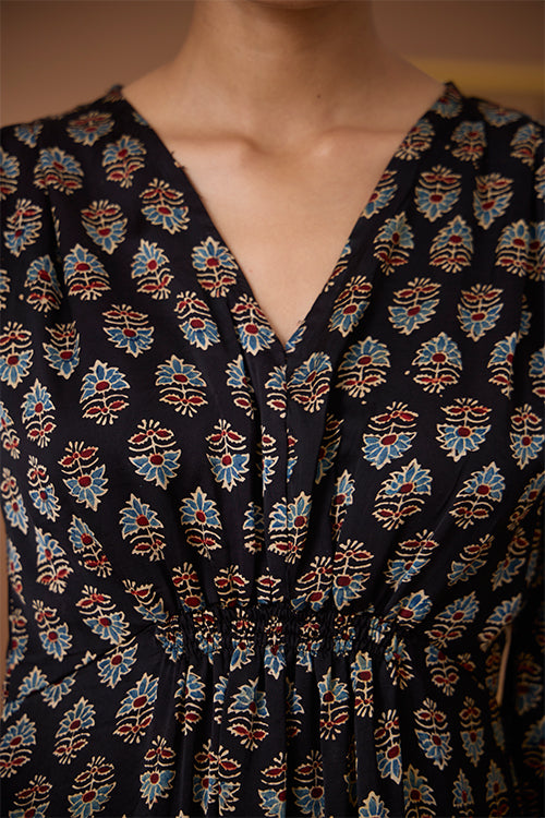 Okhai "Royal Topaz" Handblock Printed Modal Ajrakh V-neckline Dress