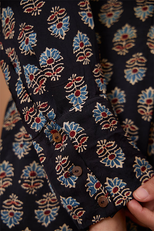 Okhai "Royal Topaz" Handblock Printed Modal Ajrakh V-neckline Dress