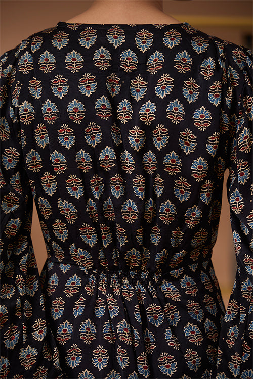Okhai "Royal Topaz" Handblock Printed Modal Ajrakh V-neckline Dress